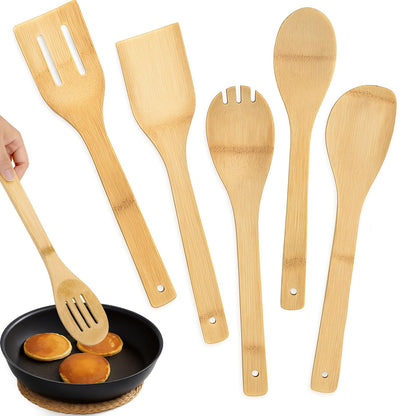 HAKSEN Bamboo Wooden Spoons for Cooking 6-Piece, Nonstick Bamboo Kitchen Utensils Set Wood Spatulas Spoons for Daily Use, Housewarming Gifts
