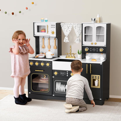 OOOK Modern Wooden Play Kitchen Set for Kids, Toddler Kitchen Playset with Real Lights & Sounds, Including 14 Pcs Accessories, Gift for Girls and Boys
