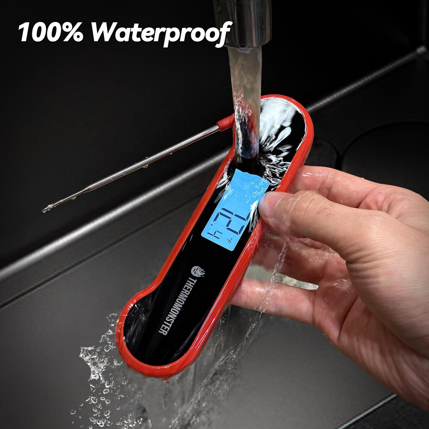 0.5 Sec Instant Read Meat Thermometer Digital with ±0.5℉ Precision, 100% Waterproof Auto Flip Bright LCD Screen, Motion Sensing Food Thermometer for Cooking Kitchen Oven Grill Candy BBQ, Red