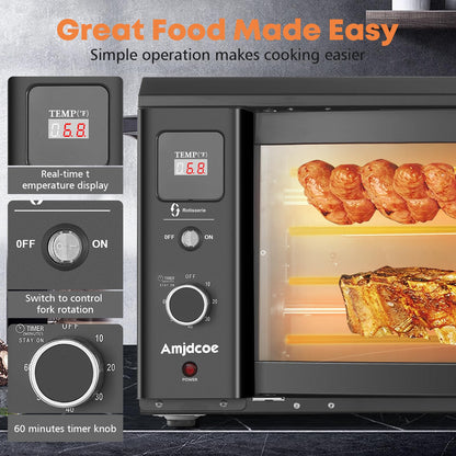 Electric Rotisserie Grill Indoor with Auto-Rotating Skewers, 31 QT Smoke-Free Rotisserie Oven with Timer for Brazilian Picanha BBQ, Churrasco, Black