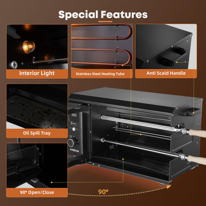 Electric Rotisserie Grill Indoor with Auto-Rotating Skewers, 31 QT Smoke-Free Rotisserie Oven with Timer for Brazilian Picanha BBQ, Churrasco, Black