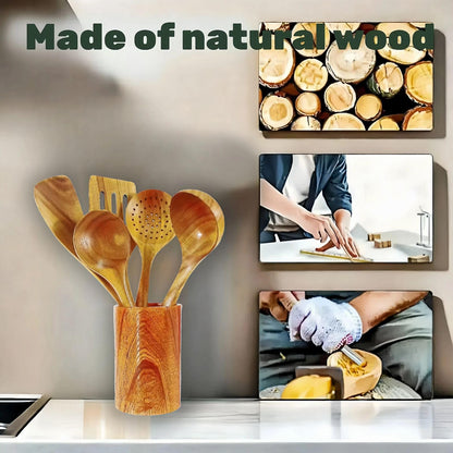 6 Piece Wooden Cooking Spoons for Cooking, Kitchen Utensils Set, Wooden utensil storage wooden barrel, Natural Teak Wood Cooking Spatulas with Utensils Holder, for Nonstick Cookware
