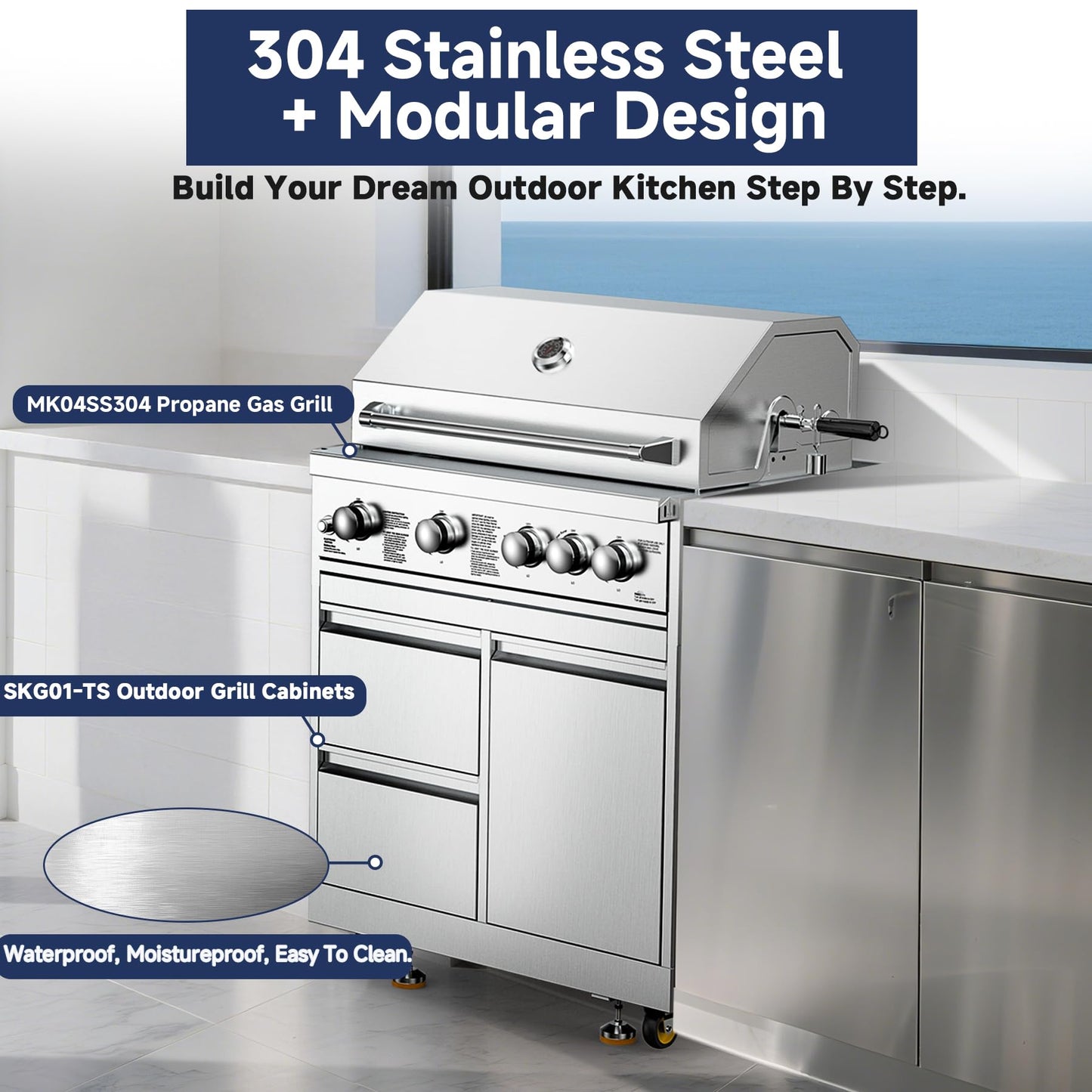 BODEGA Stainless Steel Outdoor Kitchen Drawer Cabinet for Built-in BBQ Grill with 2 Drawers and Propane Tank Storage,Outdoor kitchen storage perfect for Outdoor Kitchen BBQ Island.For all weather use.