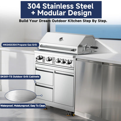 BODEGA Stainless Steel Outdoor Kitchen Drawer Cabinet for Built-in BBQ Grill with 2 Drawers and Propane Tank Storage,Outdoor kitchen storage perfect for Outdoor Kitchen BBQ Island.For all weather use.