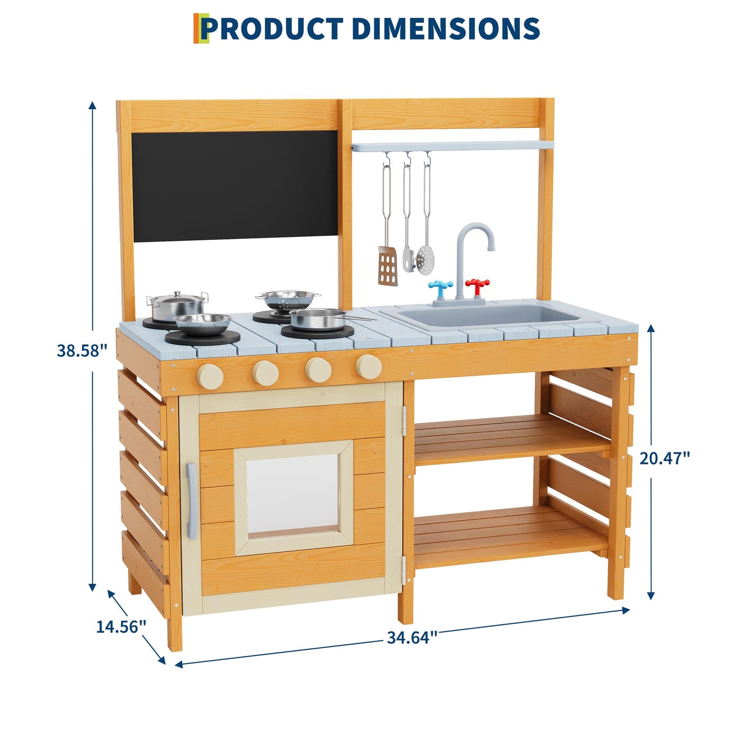 Mud Kitchen for Kids Outdoor Wooden Pretend Play Kitchen Set with See-Through Planter Box, Removable Sink & Faucet, Chalkboard, Storage Shelves＆Pretend Stove Montessori Learning Playset Toy for Toddle
