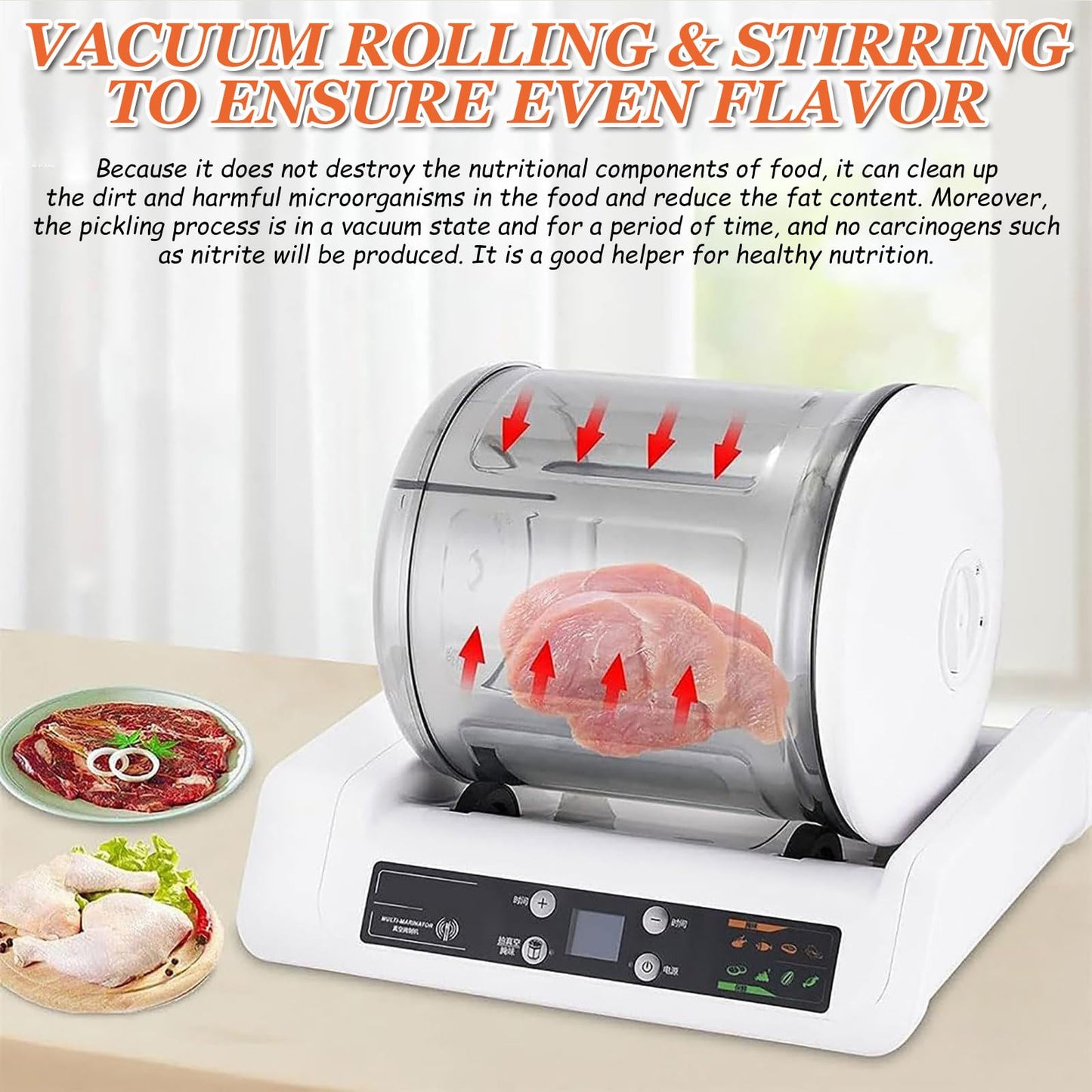 Automatic Vacuum Tumbler Marinating Machine, 5L Capacity, Meat and Vegetable Tenderizer, 15-Minute Quick Marinade, LED Display, for Kitchen and Commercial Food Processing,110V