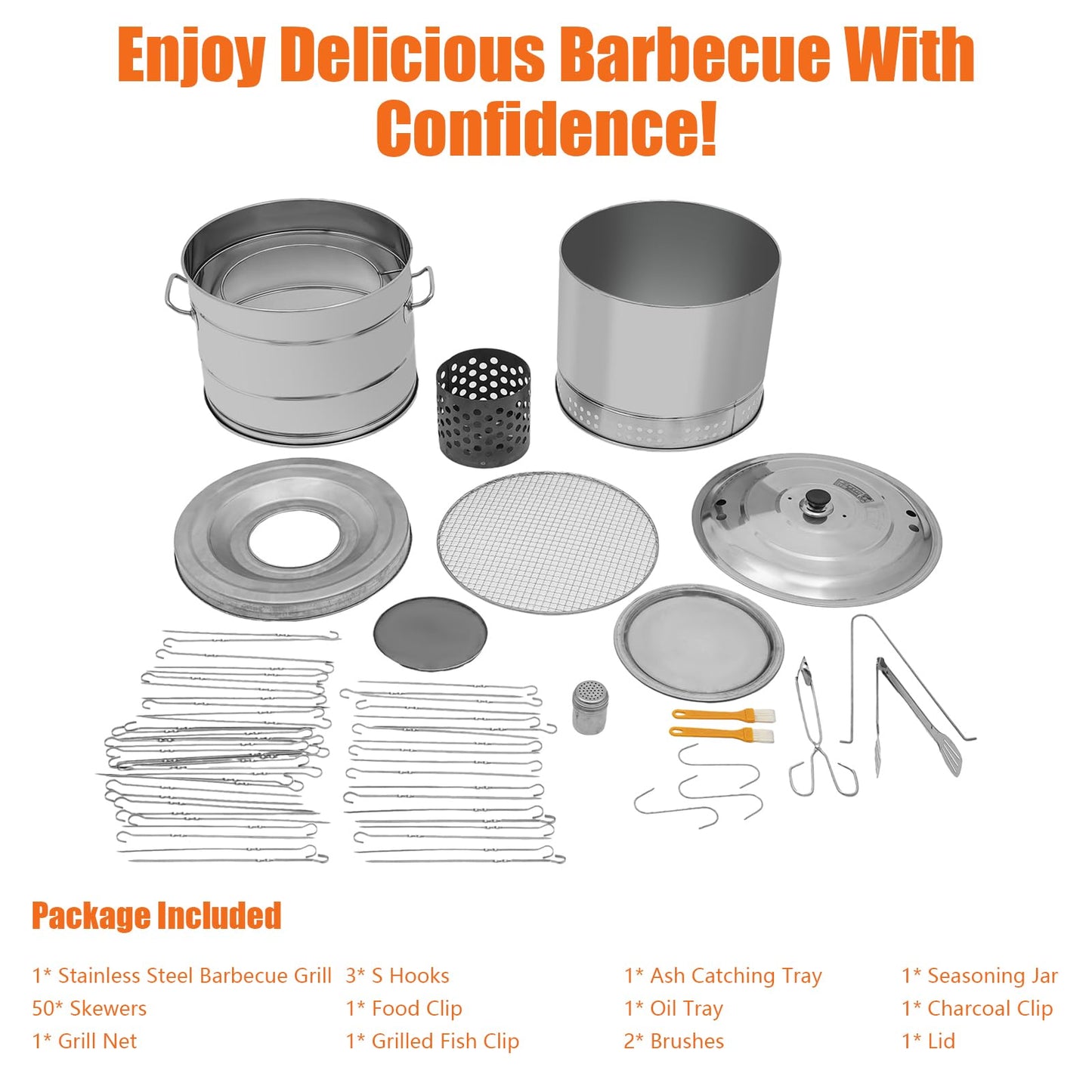 BAIODNB Large Portable Charcoal Grills, Stainless Charcoal BBQ Grill Barrel 360° Smokeless Outdoor with 50 Skewers, Boiling Pot Barbecue Smoker Grill for Travel, Outdoor Cooking and BBQ