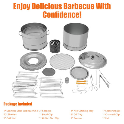 BAIODNB Large Portable Charcoal Grills, Stainless Charcoal BBQ Grill Barrel 360° Smokeless Outdoor with 50 Skewers, Boiling Pot Barbecue Smoker Grill for Travel, Outdoor Cooking and BBQ