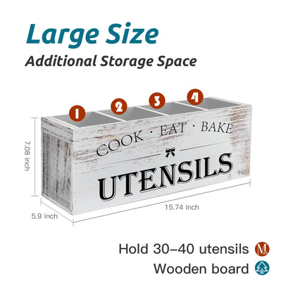 Suli Extra Large Kitchen Utensils Holder with 4 Compartments, Wooden Utensil Organizer for Kitchen Countertop, Farmhouse Decor, Rustic Cooking Utensil - White grain
