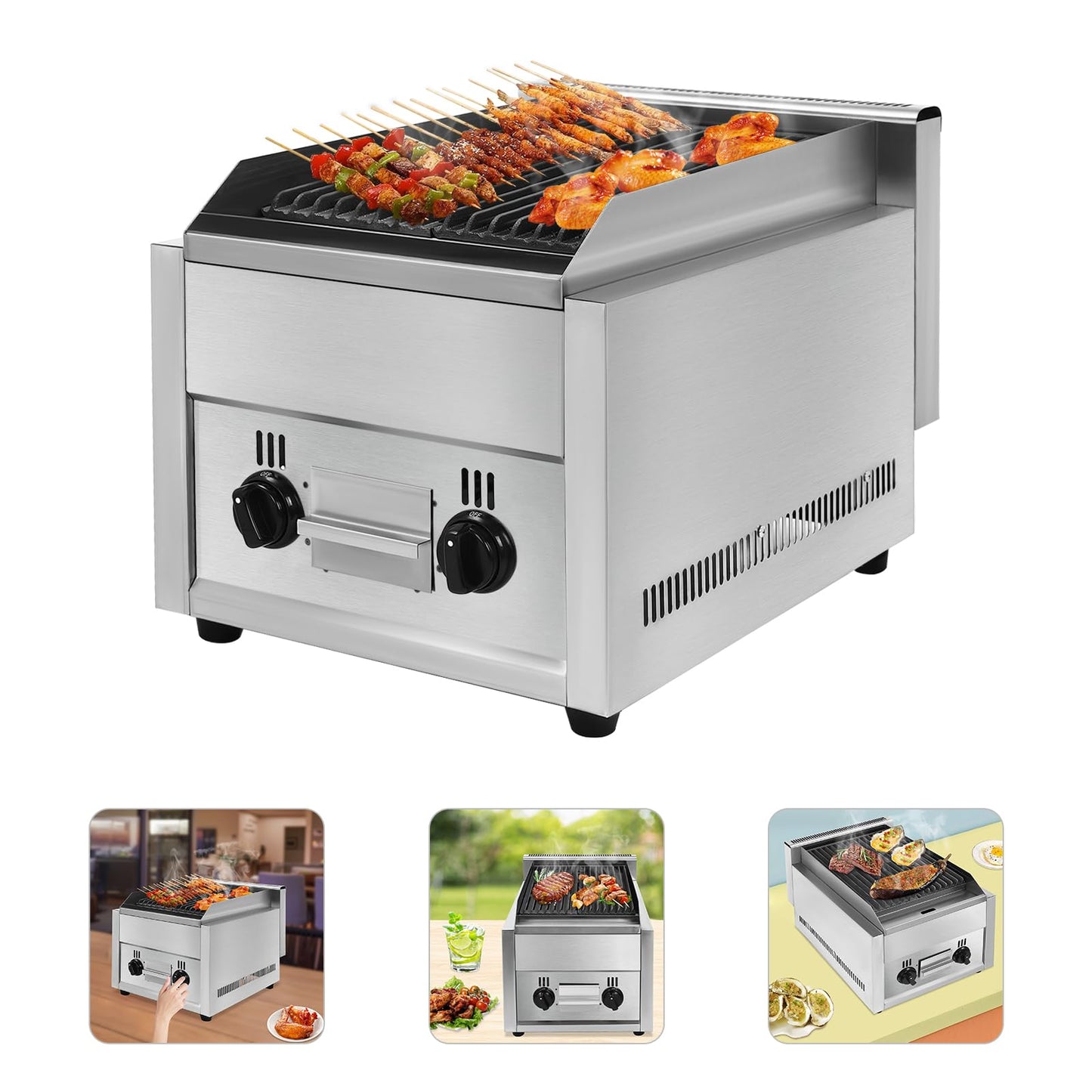 21" Gas Grill, Commercial Charbroiler LPG Gas Countertop Char Broiler Grill 2 Burner Gas Propane Flattop BBQ Stove BBQ Grill Indoor Gas Griddle for Restaurant 150x380 mm