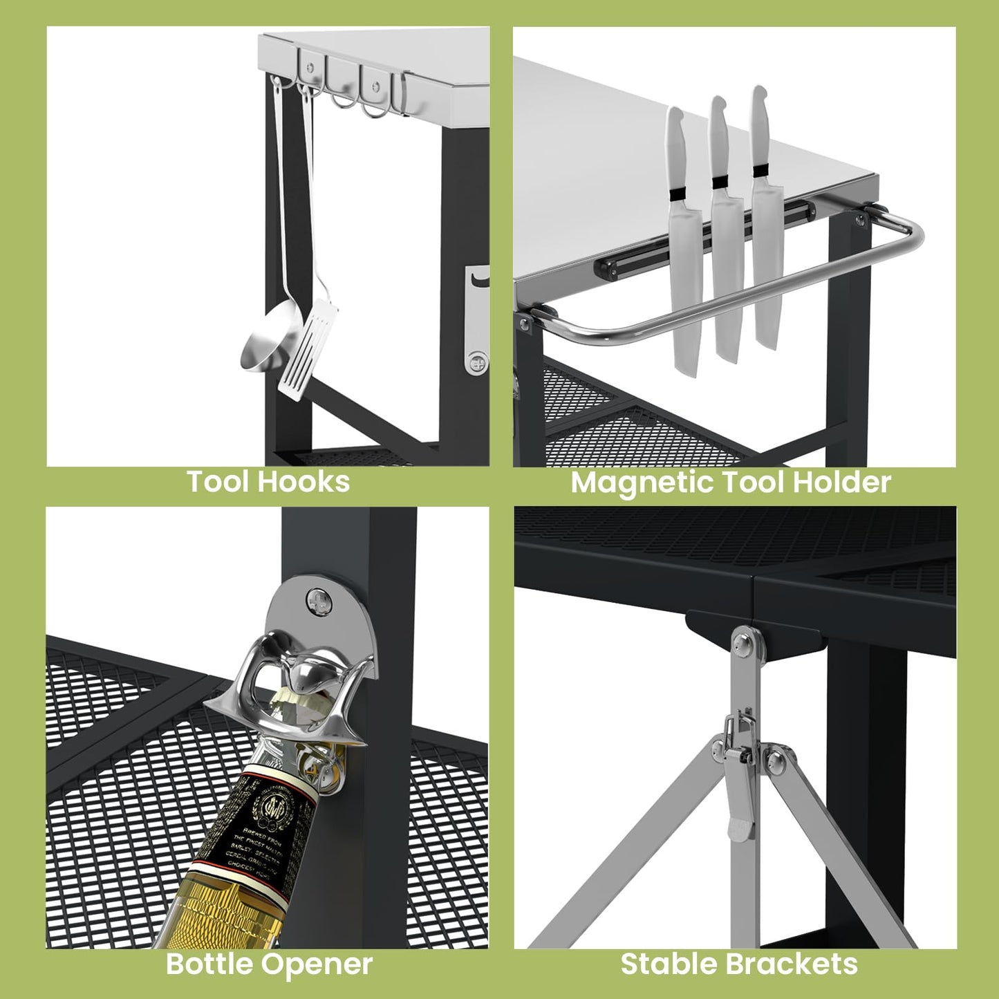 YORKING Foldable Outdoor Grill Cart, Stainless Steel 3 Tier Kitchen Cart with 2 Lock Wheels, Moveable BBQ Table Kitchen Island with Tool Hooks, Bottle Opener, for Home Party, Bar, Camping, Black