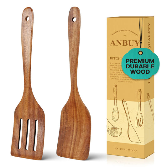 ANBUY Wooden Spatula for Cooking, Teak Wood Spatula Set for Nonstick Pan, Heat Resistant Kitchen Cooking Utensils Set, 2 PCS Slotted Spatula & Turner Non Toxic