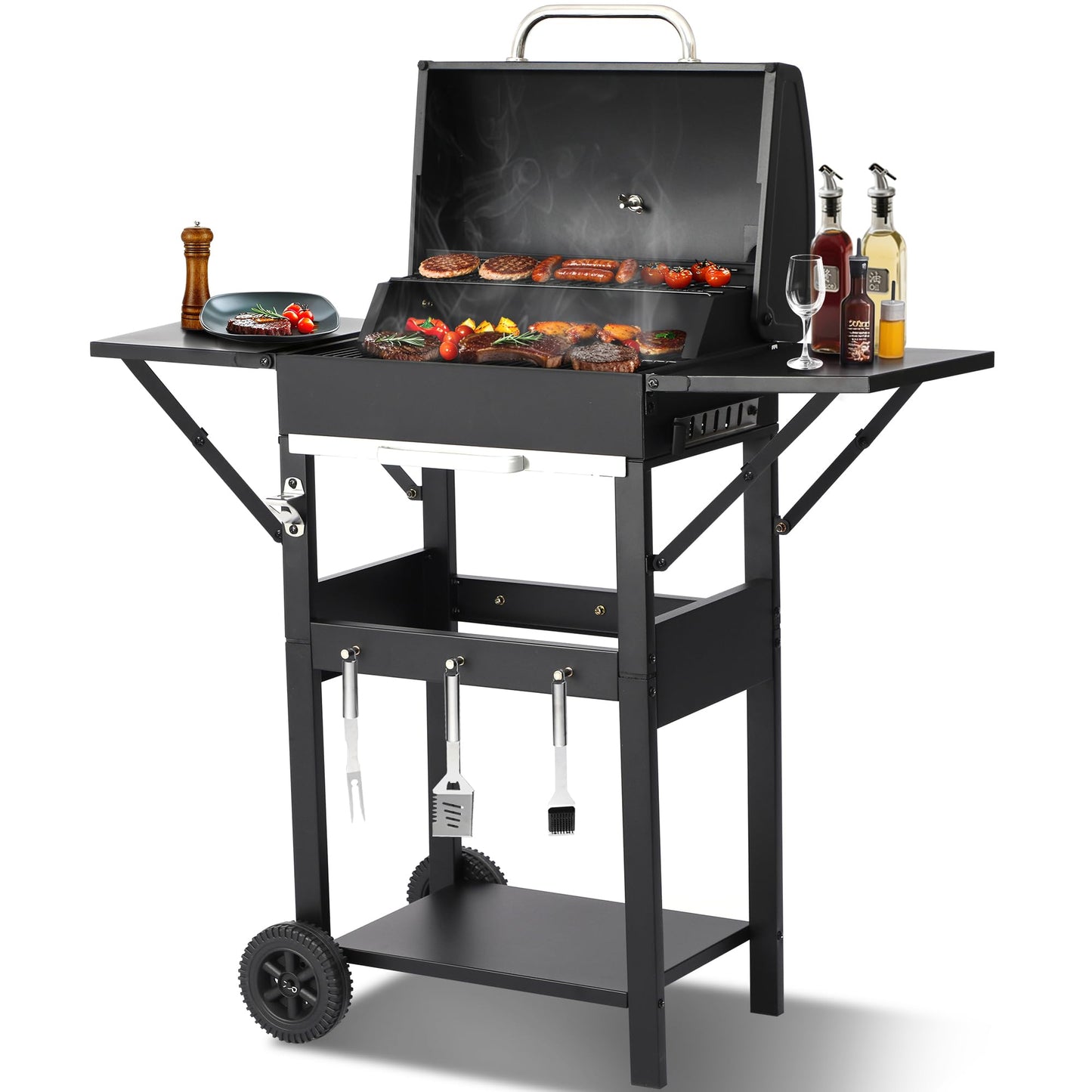 Charcoal Grill with Warming Rack - Porcelain-Coated Cooking Grates, Adjustable Temperature Control, Easy-Clean Ash Pan & Foldable Side Table - Perfect for Backyard BBQs, Tailgating & Camping