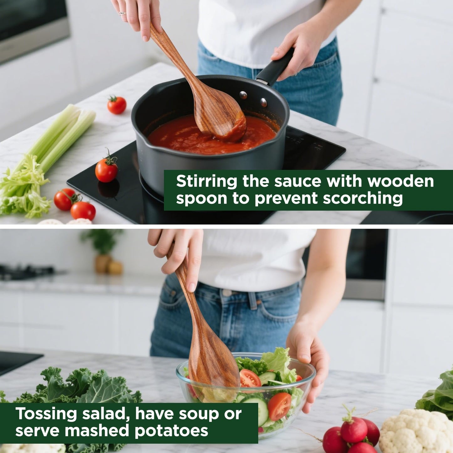 ANBUY Wooden Spoons for Cooking, 6Pcs Wood Kitchen Utensils Set, Mixing Heat Resistant Flat Spatulas and Spoons Set for Nonstick Cookware, Smooth Finish, Non-Stick, Comfortable Grip Kitchen Utensils