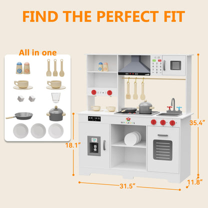 Large Wooden Play Kitchen for Kids - Realistic Kitchen Playset with Interactive Appliances & Storage - Hood, Microwave, Coffee Maker & Full Utensil Set - Gift for Boys & Girls Ages 3+