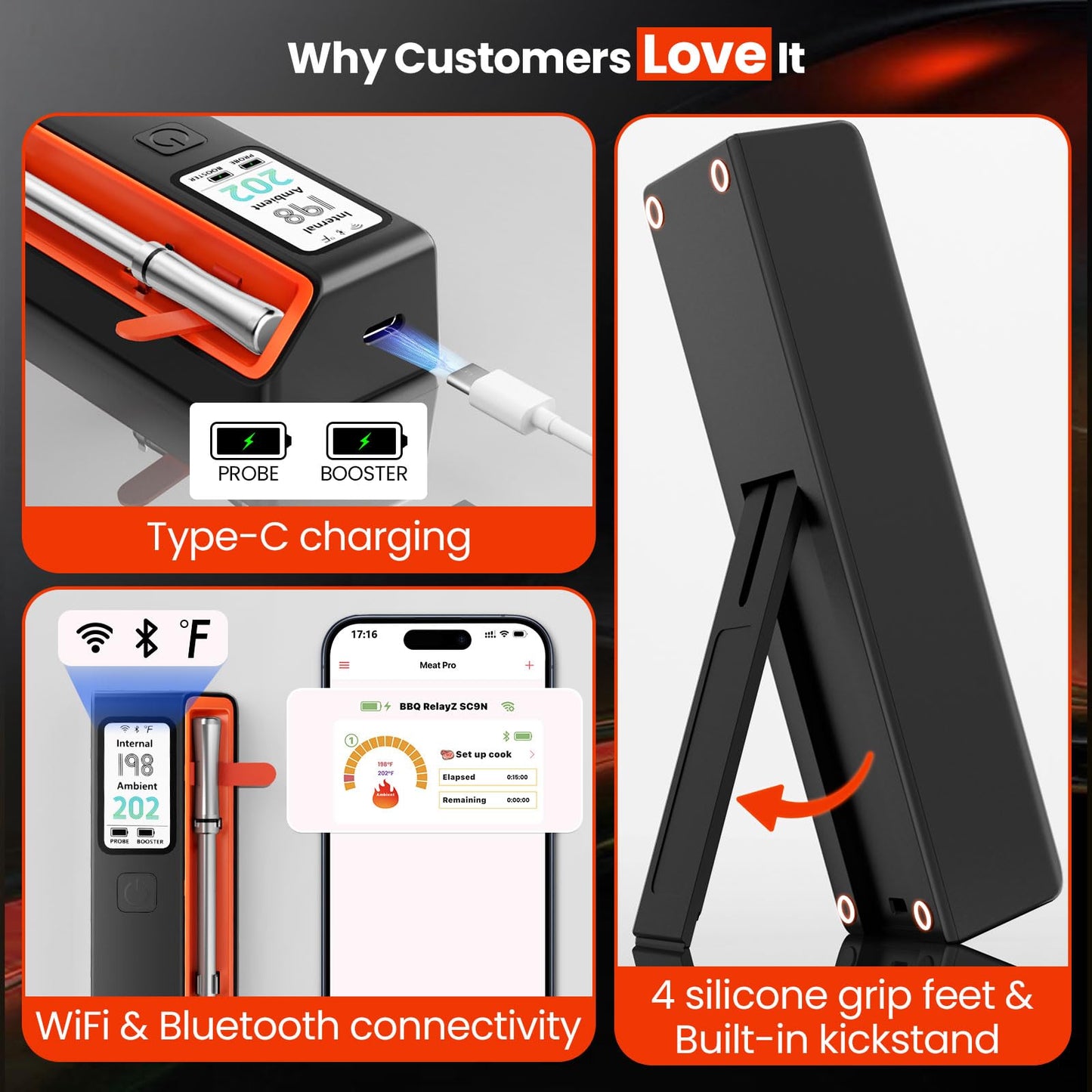 UNERVER Wireless Meat Thermometer with WiFi - Smart LED Digital Control Base, 6 Sensors Bluetooth Probe with ±0.5°F Instant Read Accuracy, App Controlled, Unlimited Range for BBQ,Smoker,Grill,Oven