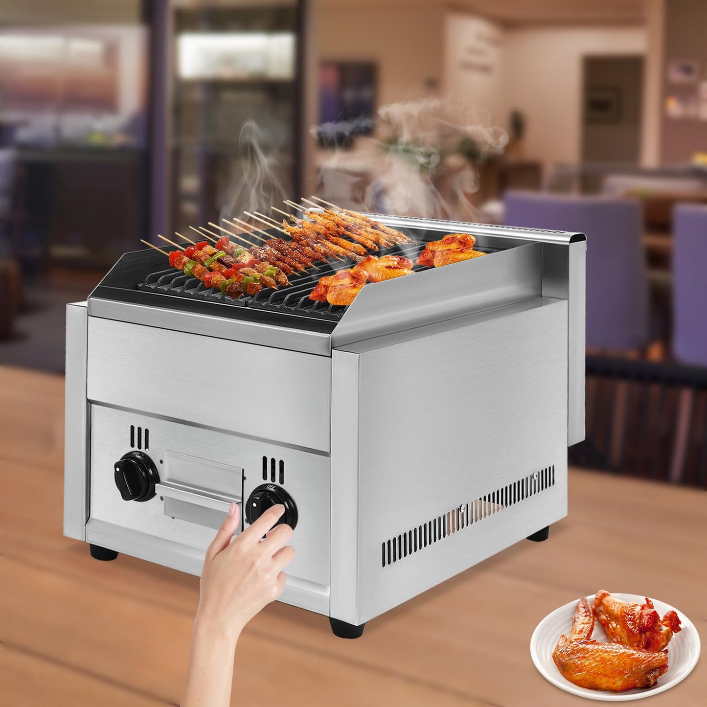 CAIHAOA Commercial Radiant Gas Grills, 14.96" x 5.91" Countertop Gas Grill, 60TU/hr Combustion Power, Dual I-type Burners Yakitori Grill Barbecue Griddle for Various Types of Barbecue