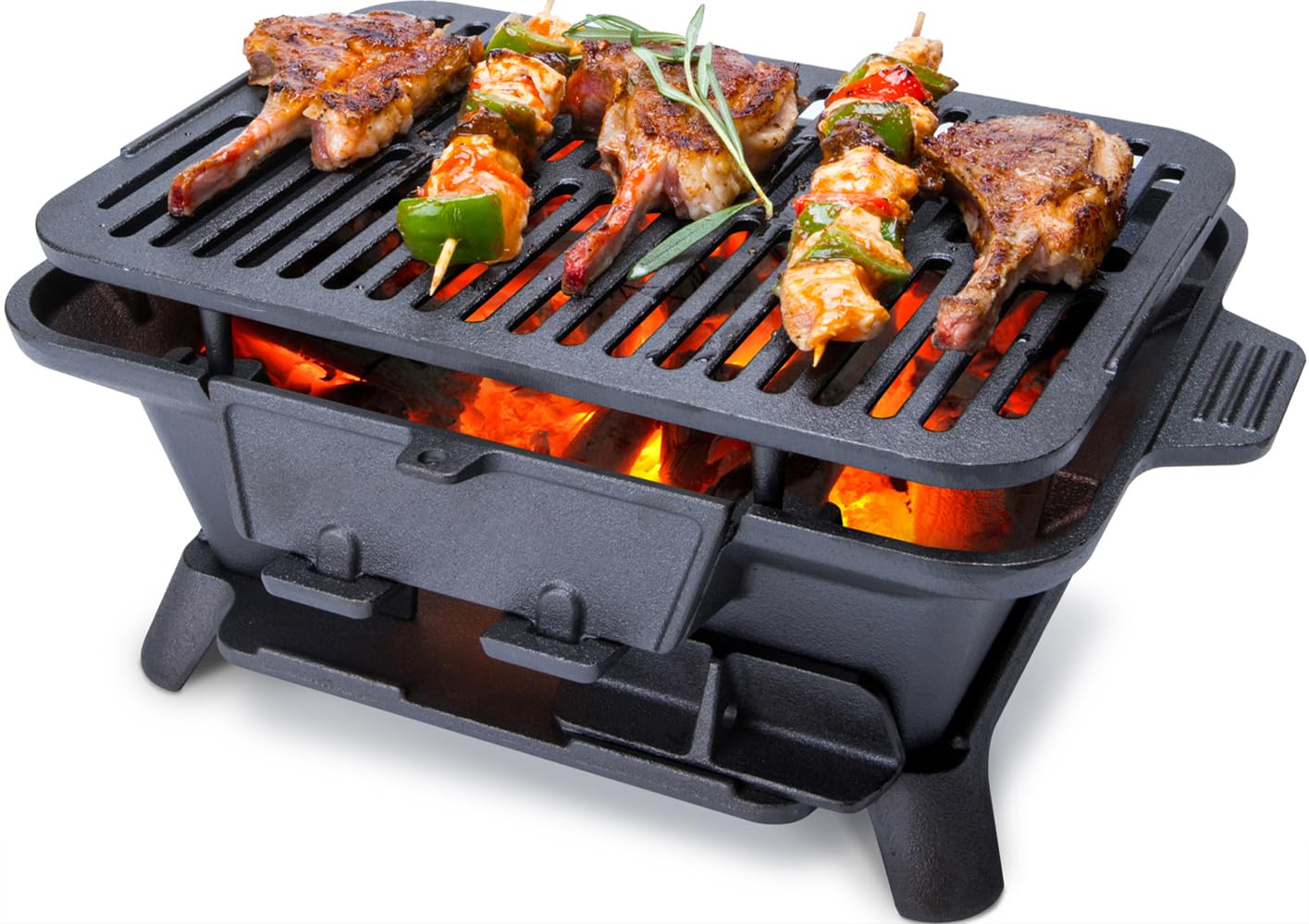 Hibachi Grill Outdoor, Portable Small Charcoal Grills, 100% Cast Iron, Mini Japanese Yakitori Tabletop Skillet Grill Stove for Outdoor Camping - Coal Door, Draft Door