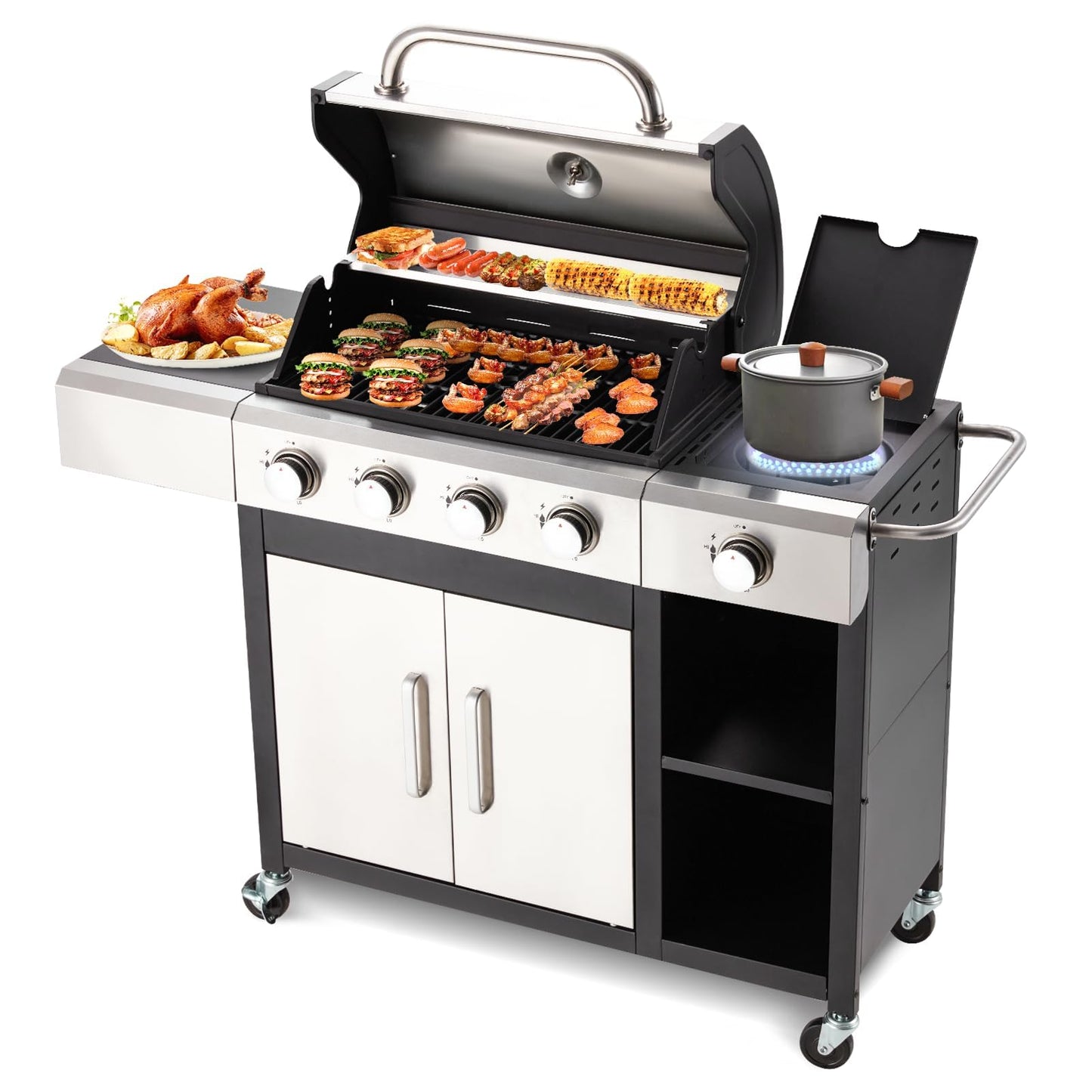 4-Burner Propane Gas Grill with Side Burner & Cabinet - 49,000 BTU Stainless Steel BBQ Grill, Porcelain-Enameled Cast Iron Grates for Outdoor Cooking, Patio & Backyard