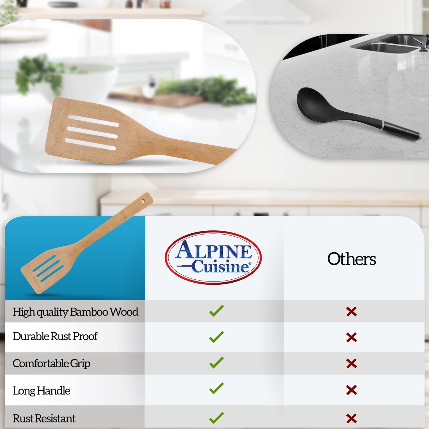 Alpine Cuisine Professional Cookware Bamboo Wood Slotted Spatula 12 Inch - Thin Slotted Spatula Heat Resistant Wood Handle for Cooking, Frying, Grilling & Flipping Fish Meat Eggs - Easy to Clean