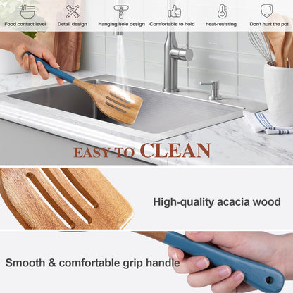 ROSOS Wooden Spoons For Cooking, 6 PCS Natural Acacia Wooden Cooking Utensils, Non-Stick Wood Kitchen Utensil Set for Kitchen Essentials, Smooth Grip Wood Cooking Spoons with Hanging Hole, Blue