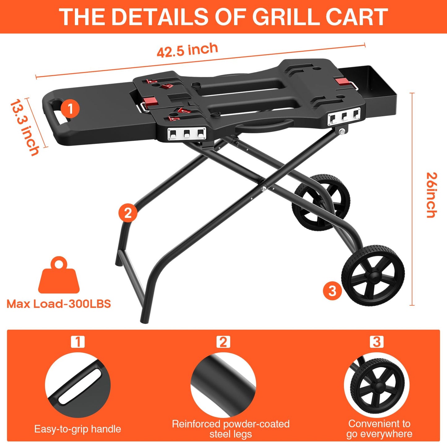 QuliMetal Portable Grill Cart for 17" & 22" Blackstone Griddles and Weber Q1000, Q1200, Q2000, Q2200 Series Grills - Durable, Foldable Cart Table with Wheels Hooks，BBQ Prep Table with Seasoning Tray