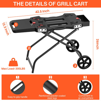 QuliMetal Portable Grill Cart for 17" & 22" Blackstone Griddles and Weber Q1000, Q1200, Q2000, Q2200 Series Grills - Durable, Foldable Cart Table with Wheels Hooks，BBQ Prep Table with Seasoning Tray