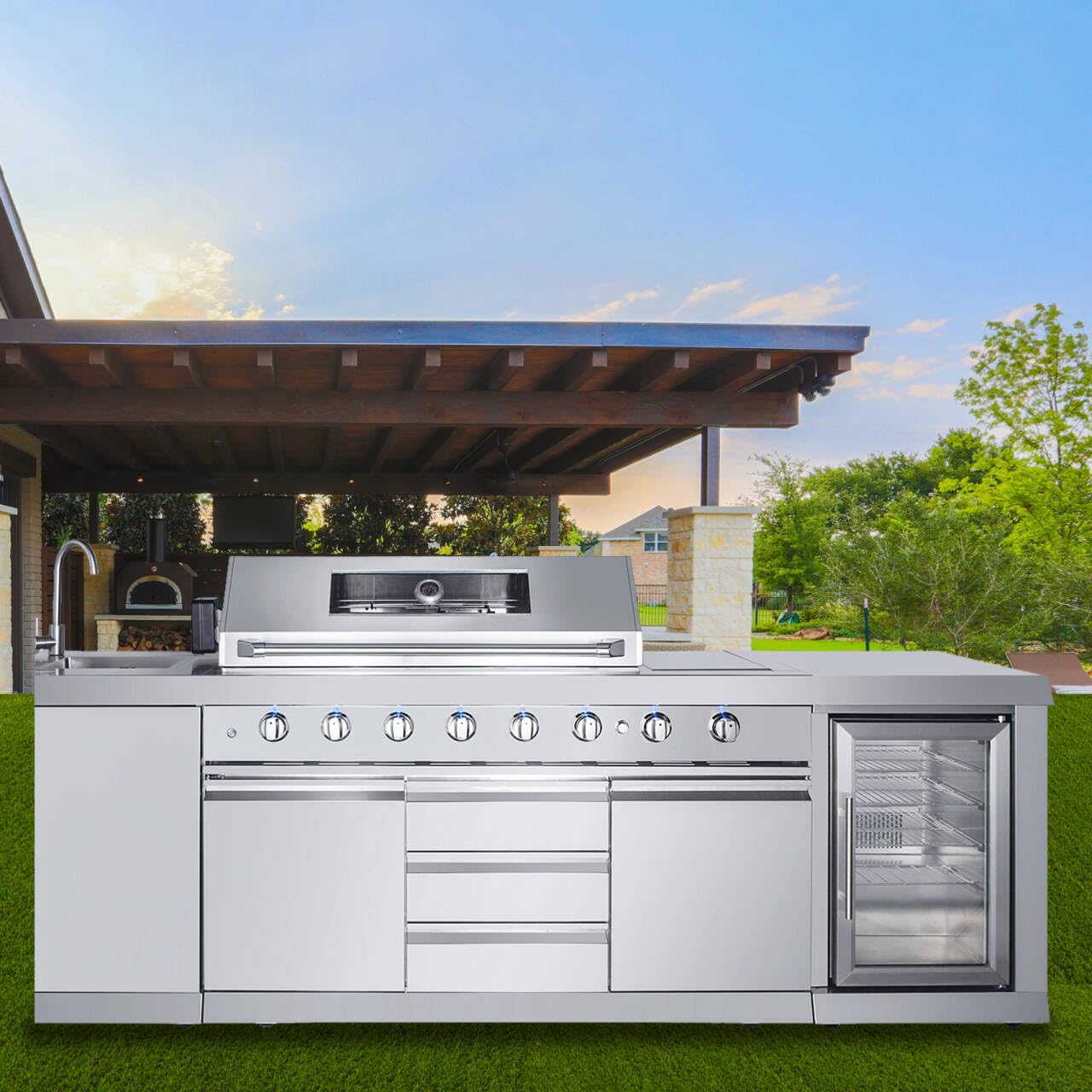 CT Copper Tailor 6-Burner Outdoor Kitchen BBQ Gas Grill Island with Infrared Rear Burner,Side Burner,Storage Cabinets & Drawers,Sink,Cooler,Stainless Steel