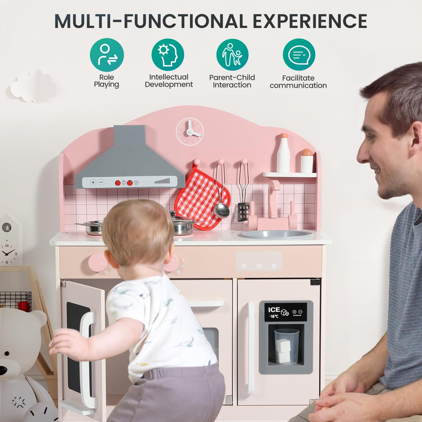 Bluewood Wooden Kids Kitchen Playset,Pretend Toy Kitchen for Toddlers Ages 3-8, with Lights, Sound, Oven, Ice Maker, Sink & Storage – Montessori Indoor Role Play Gift