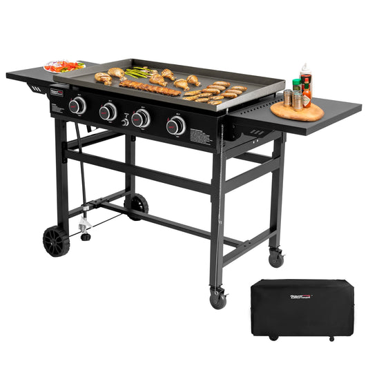 Royal Gourmet GB4001C-N 4 Burner Propane Gas Griddle with Cover, 35 Inch Outdoor Flat Top Grill Griddle with Foldable Side Tables & 52,000 BTUs Output for Barbecue Grilling, Black
