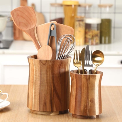 Teenyyou 2 Pcs Wooden Utensil Holder 360° Rotating Kitchen Utensil Holder 7.3" and 5.7" Large Cooking Tool Organizer Crock for Kitchen Countertop Farmhouse Home Decoration