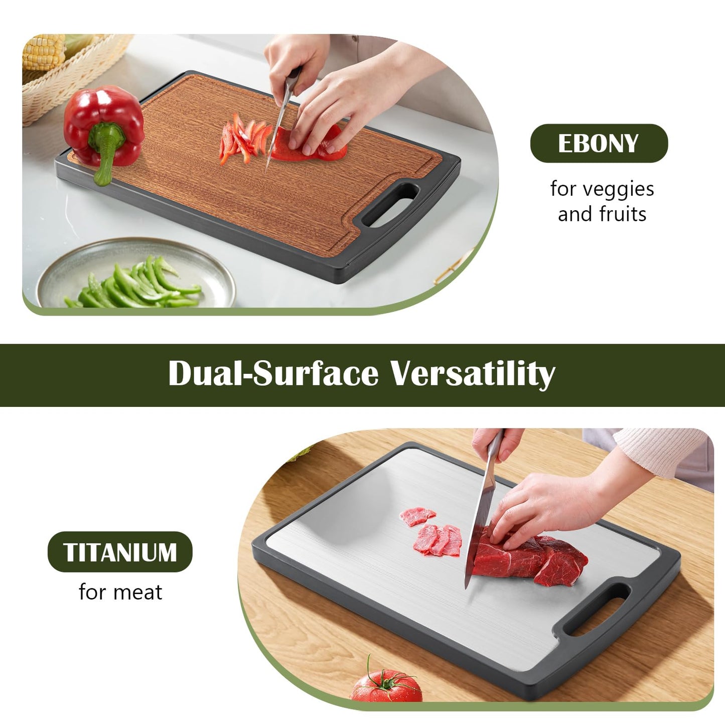 Titanium Cutting Board Double Sided, 15” Wood Cutting Board for kitchen, GR1 Titanium & Ebony Large Chopping Board for meat with Juice Groove for Meat & Veggies