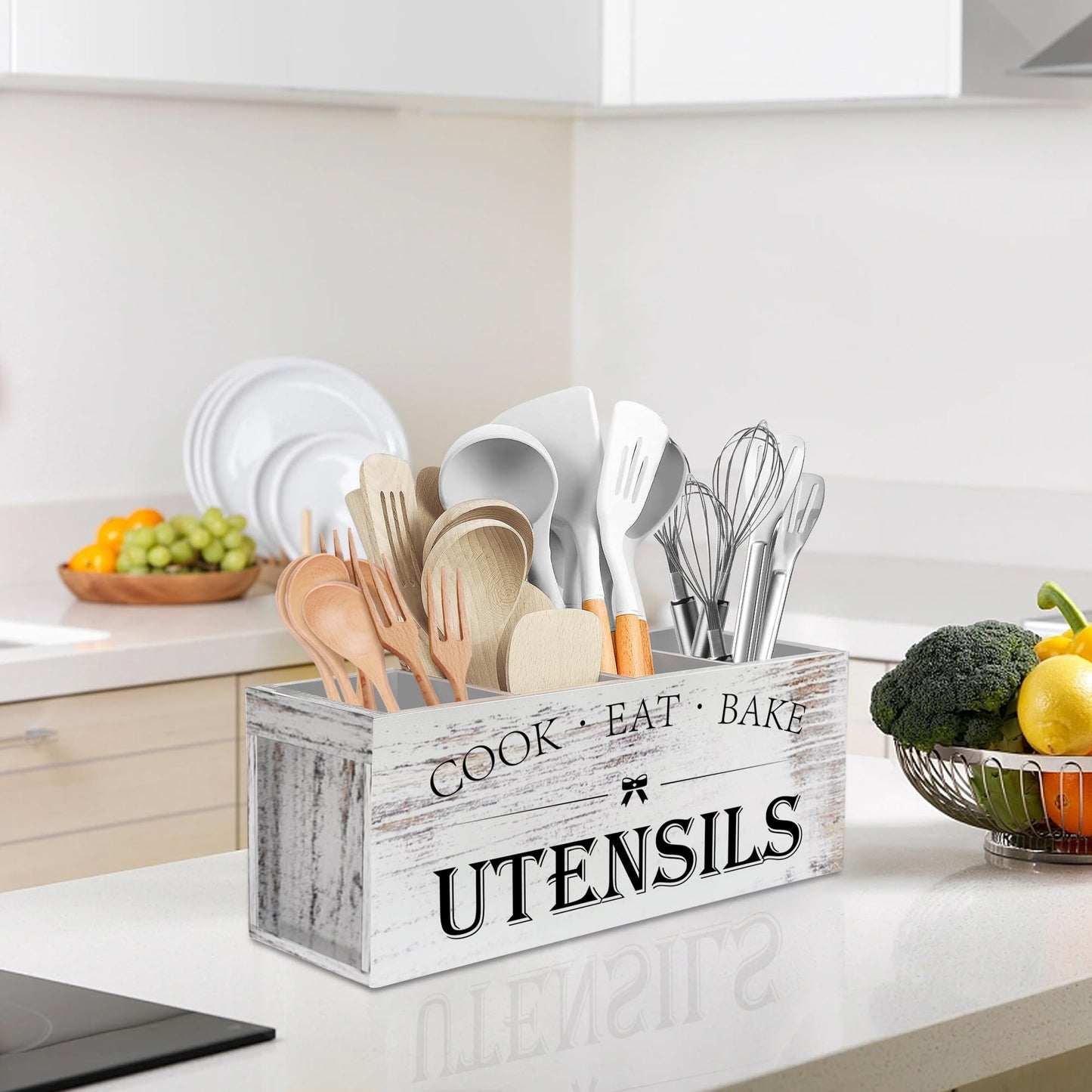 Suli Extra Large Kitchen Utensils Holder with 4 Compartments, Wooden Utensil Organizer for Kitchen Countertop, Farmhouse Decor, Rustic Cooking Utensil - White grain