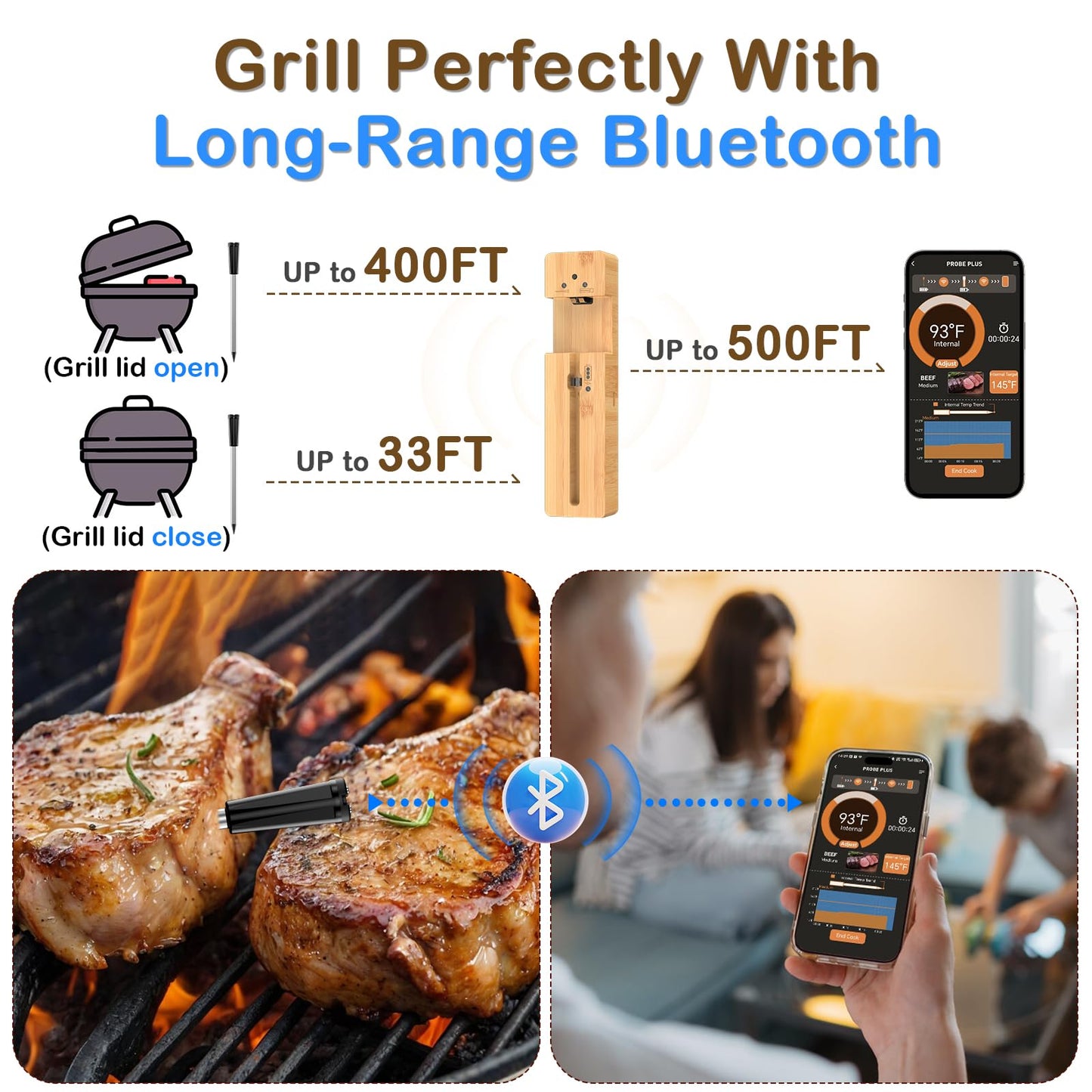 Real-Time Alerts Wireless Meat Thermometer - Smart Bluetooth Probe for BBQ, Grill, Oven, Smoker - Long Range Bluetooth, Accuracy Temp, Dishwasher Clean, Waterproof - Perfect for BBQ Lovers & Chefs