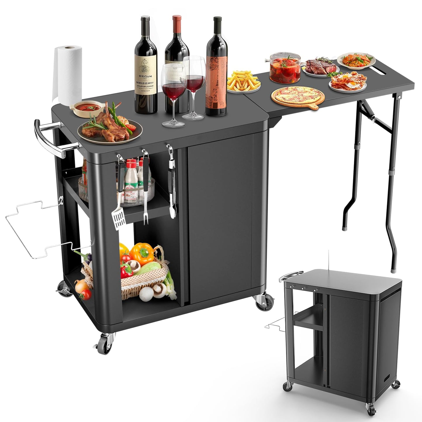 Outdoor Grill Table Cart 57"x24"x35", Outdoor Kitchen Island with Storage & Large Tabletop for Blackstone Griddle, Ooni Pizza Oven, Ninja Woodfire Grill, BBQ Station, Dining Cart, Rolling BBQ Table
