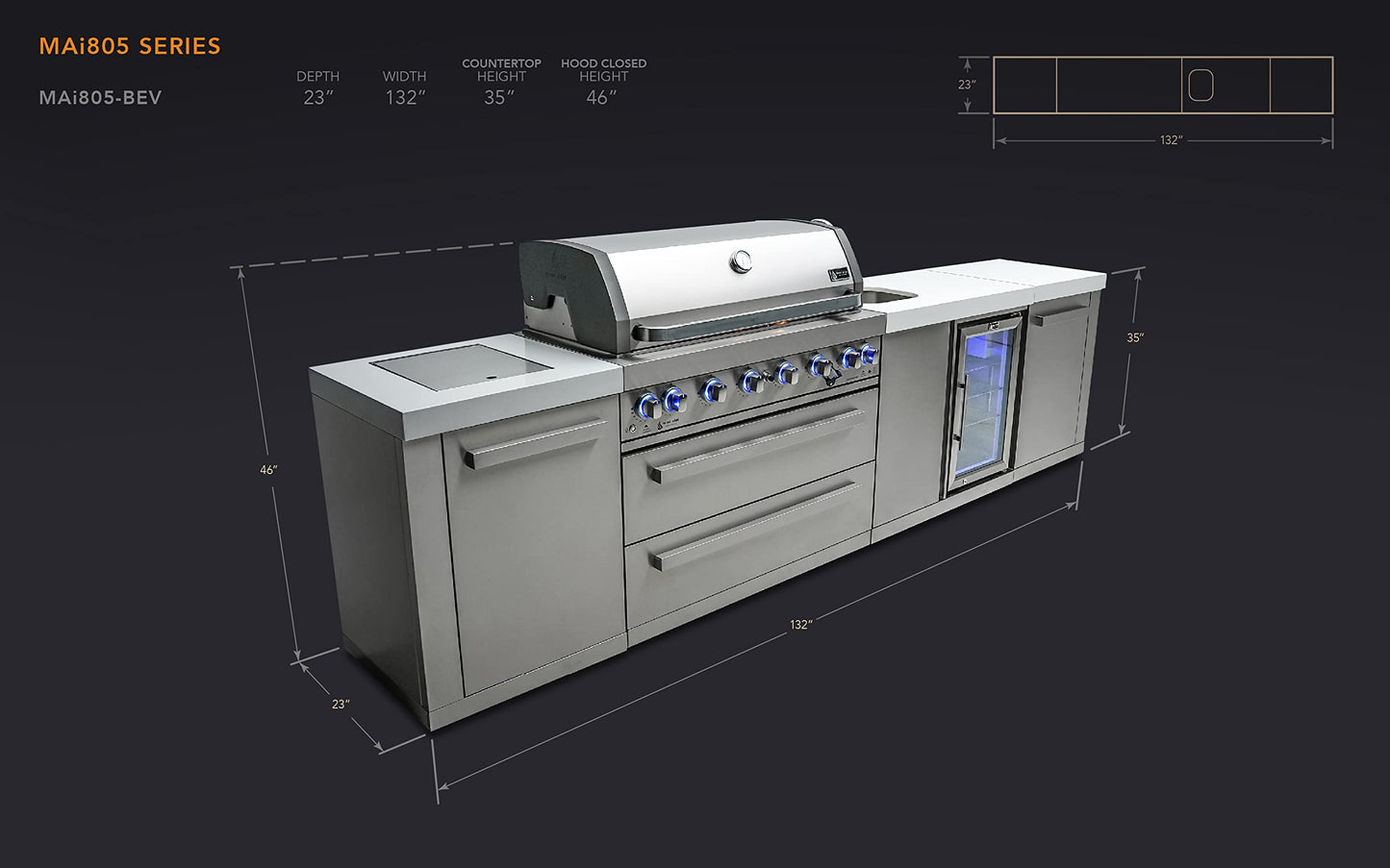 Mont Alpi MAi805-BEV 44-inch 6-Burner 115000 BTU Stainless Steel Outdoor Kitchen Bar Gas Barbecue Island Grill + Wine Cooler Beverage Center Refrigerator + Granite Countertops & Infrared Side Burner