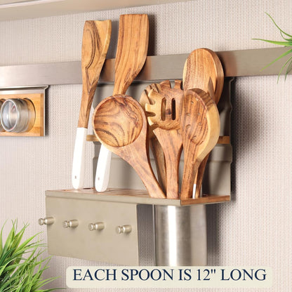 Lavaux Designs Wooden utensils for cooking set of 8, Natural Acacia Wood spoons and spatula set, Non-stick, Durable, Eco- friendly and safe kitchen cooking spoon | white handles | 12 inch each