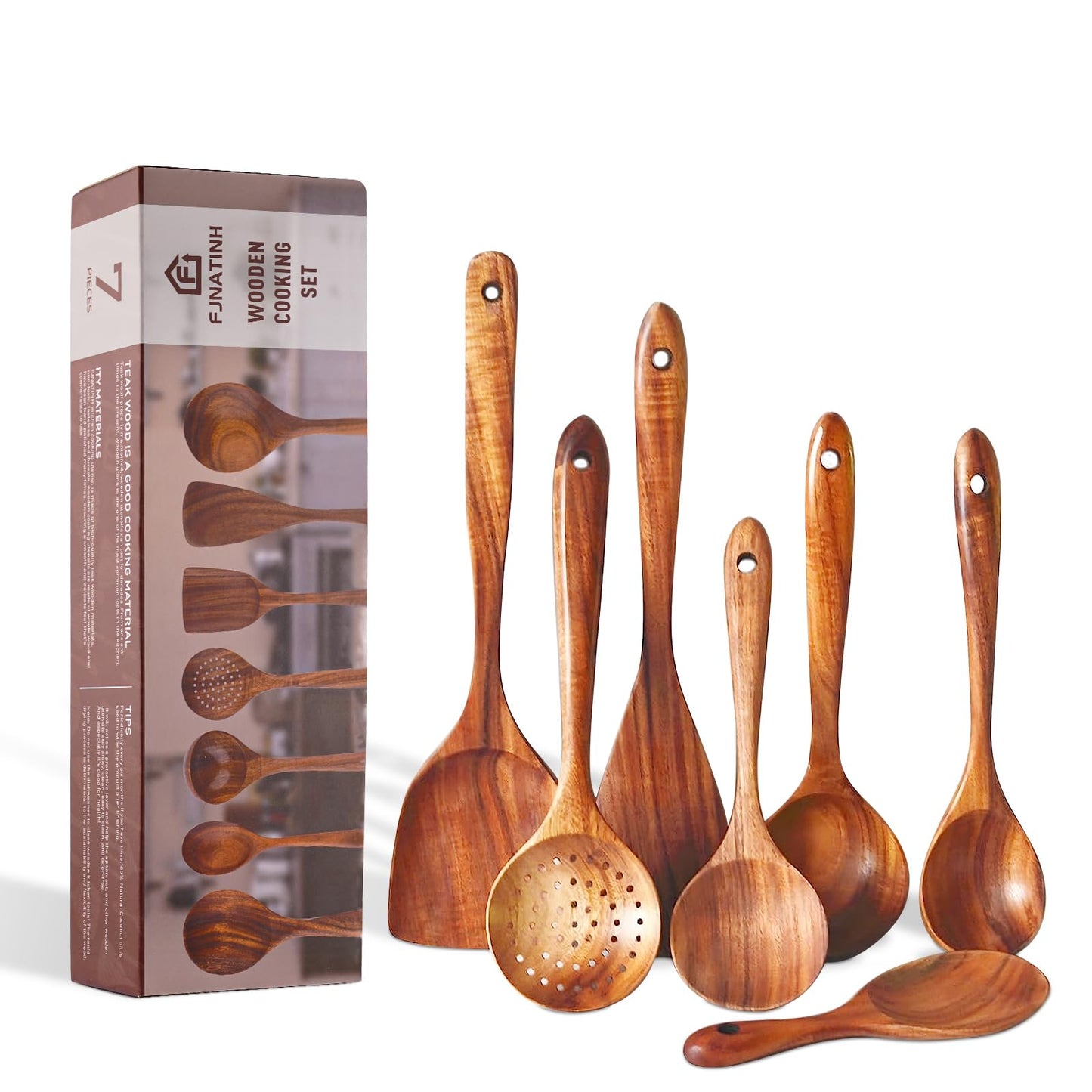 FJNATINH 7-Piece Nonstick Wooden Cooking Utensils Set, Natural and Healthy Kitchen Utensils（7 Pcs）