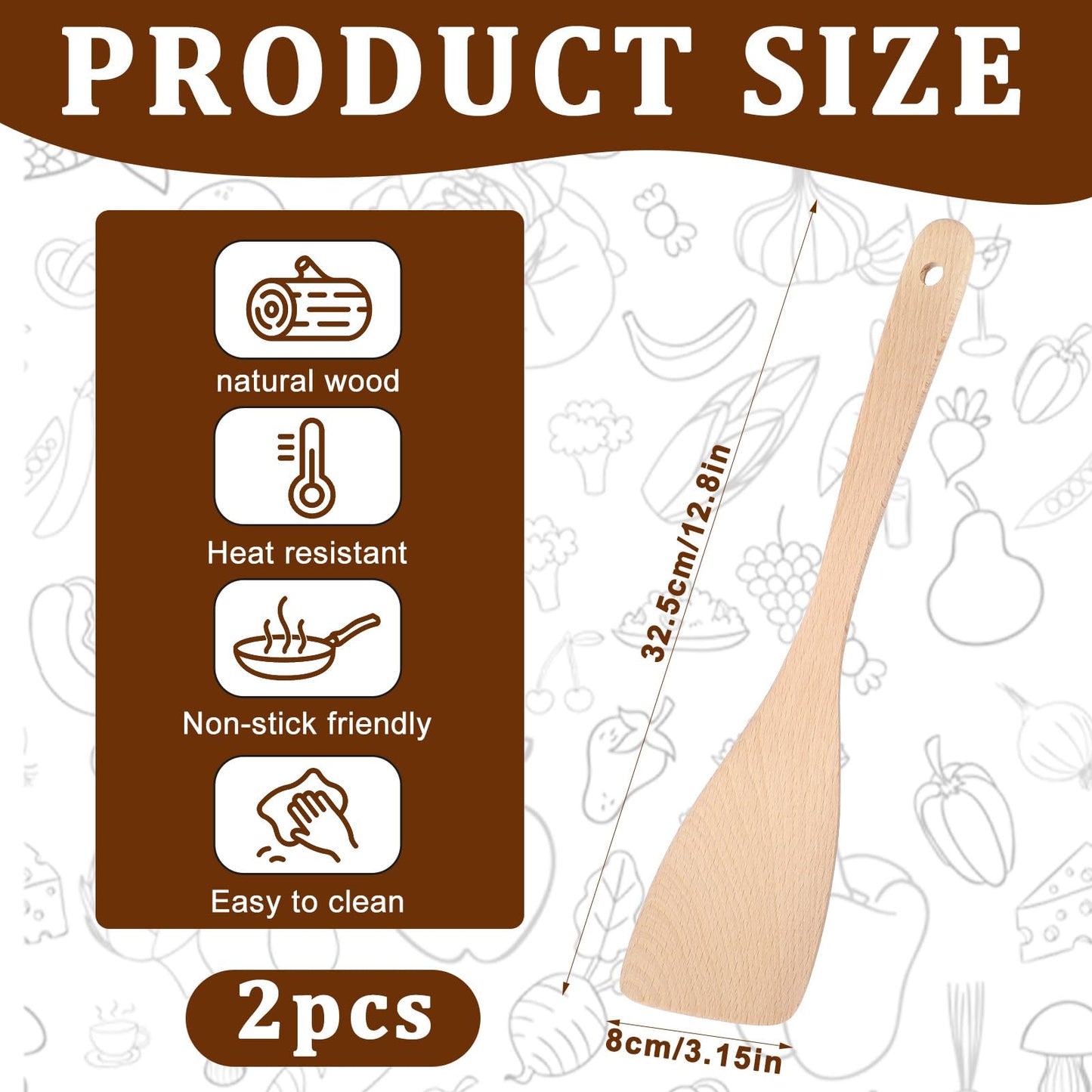 2 PCS Flat Wooden Spatula for Cooking, 13 Inch Long Handle Uncoated Beech Wood Spatula for Cooking, Non-scratch Frying Spatulas Flat Wooden Spoon Beech Wood Turners for Frying Cookware