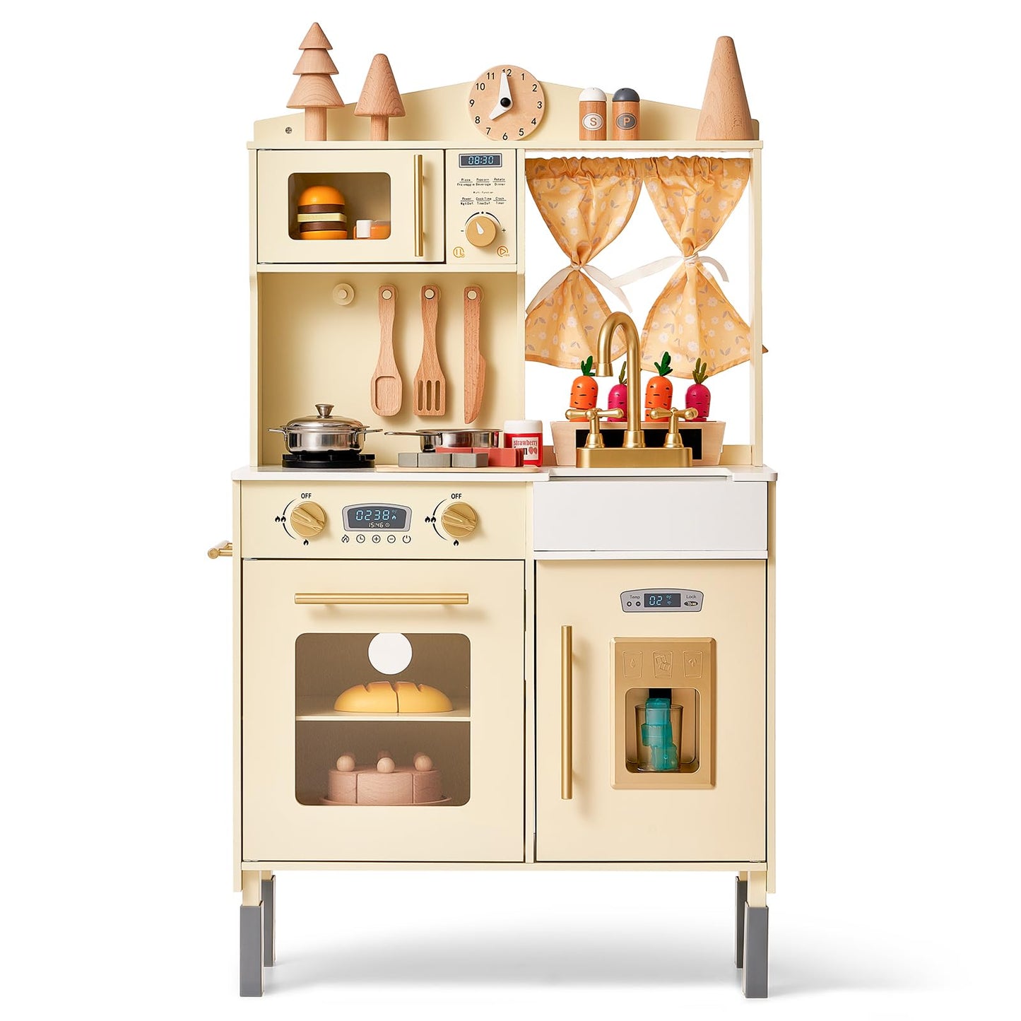 Giant bean Wooden Play Kitchen, Toddler Kitchen Playset, with Microwave Play Sink Ice Maker Oven Cookware Accessories Playset, Pretend Play Food Toys for 3+ Year Old Boys Girls