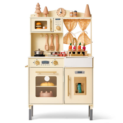 Giant bean Wooden Play Kitchen, Toddler Kitchen Playset, with Microwave Play Sink Ice Maker Oven Cookware Accessories Playset, Pretend Play Food Toys for 3+ Year Old Boys Girls