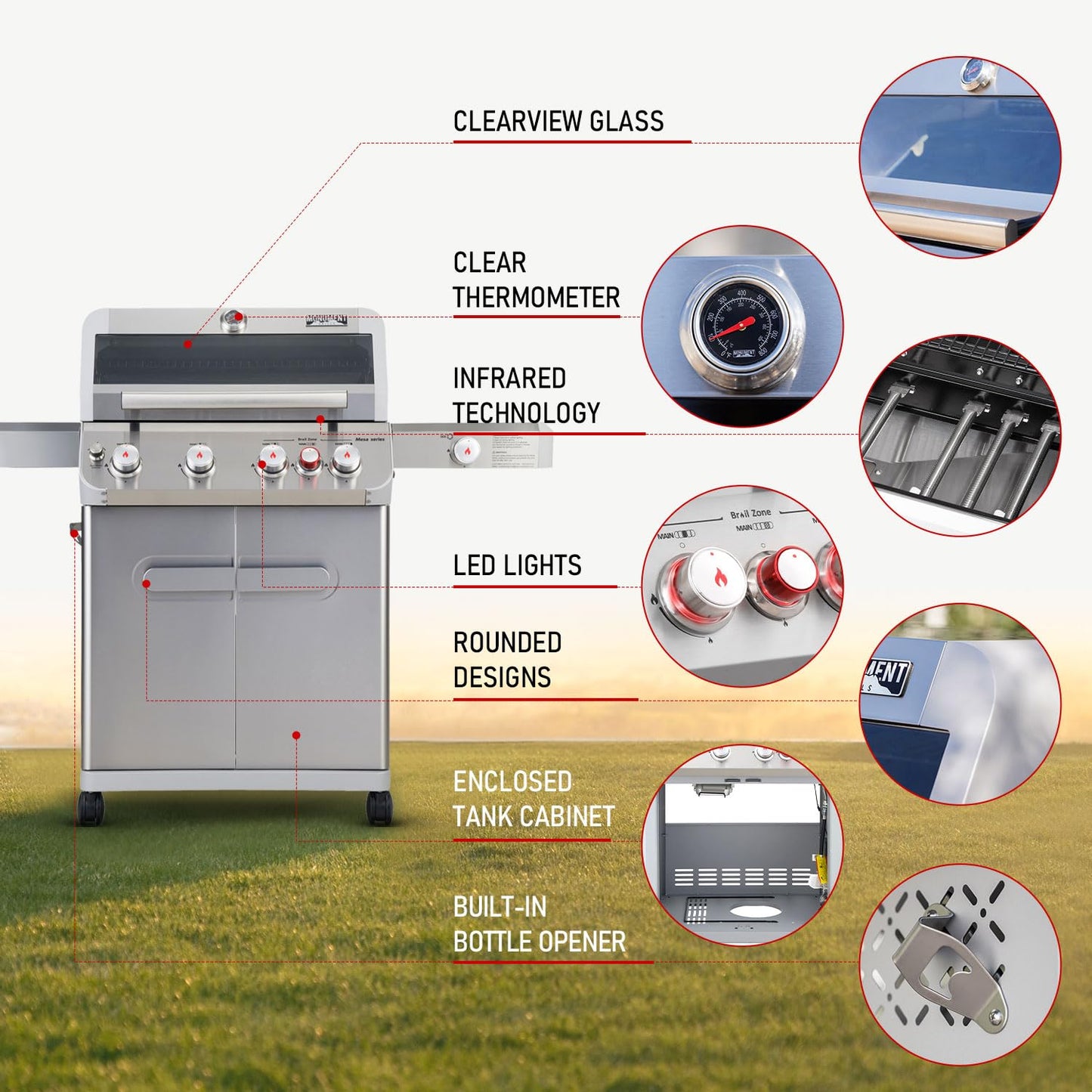 Monument Grills Outdoor Barbecue Stainless Steel 4 Burner Propane Gas Grill, 62,000 BTU Patio Garden Barbecue Grill with Side Burner and Knob Controls, Mesa415BZ