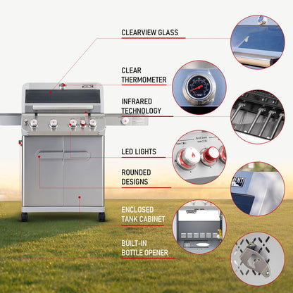 Monument Grills Outdoor Barbecue Stainless Steel 4 Burner Propane Gas Grill, 62,000 BTU Patio Garden Barbecue Grill with Side Burner and Knob Controls, Mesa415BZ