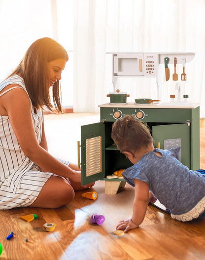 ROBUD Play Kitchen, Kids Kitchen Playset with Pretend Ice Cube Dispenser for Kids Aged 3+, Wooden Toy Kitchen of Birthday Gift to Kids, Vintage Green