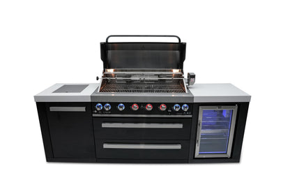 Mont Alpi MAi805-BSSFC 44-inch 6 Burner Black Stainless Steel Modular Outdoor Kitchen Island BBQ Grill with Fridge Cabinet + Side Burner + Granite Countertops + Rotisserie Chopping Board & Grill Cover