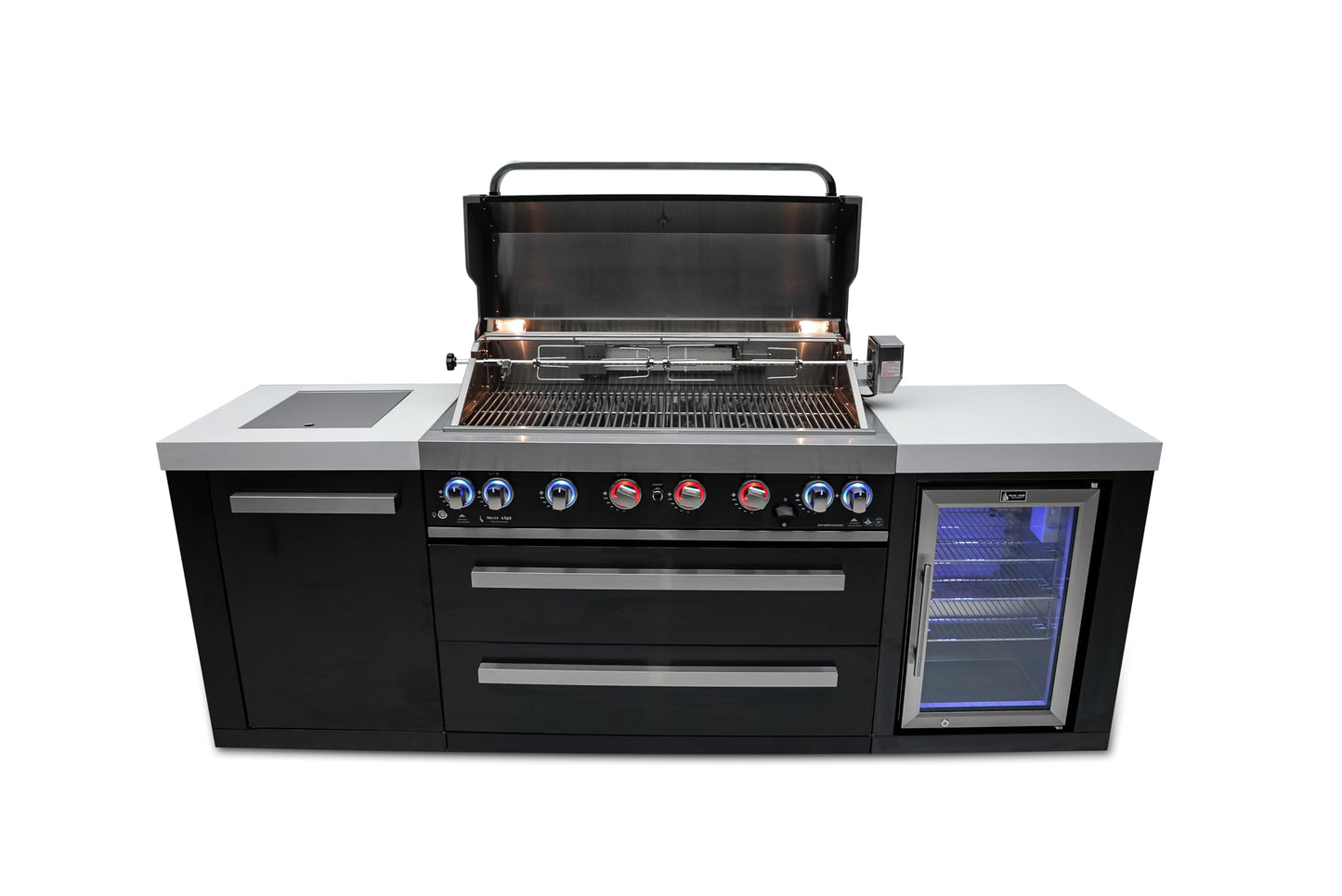 Mont Alpi 44-inch 6 Burner MAi805-BSSFC Black Stainless Steel Modular Outdoor Kitchen Island BBQ Gas Grill with Fridge Cabinet + Side Burner + Granite Countertops + Rotisserie Kit and Grill Cover