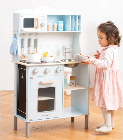 New Classic Toys Blue Wooden Pretend Play Toy Kitchen for Kids with Role Play Bon Appetit Electric Cooking Included Accesoires Makes Sound