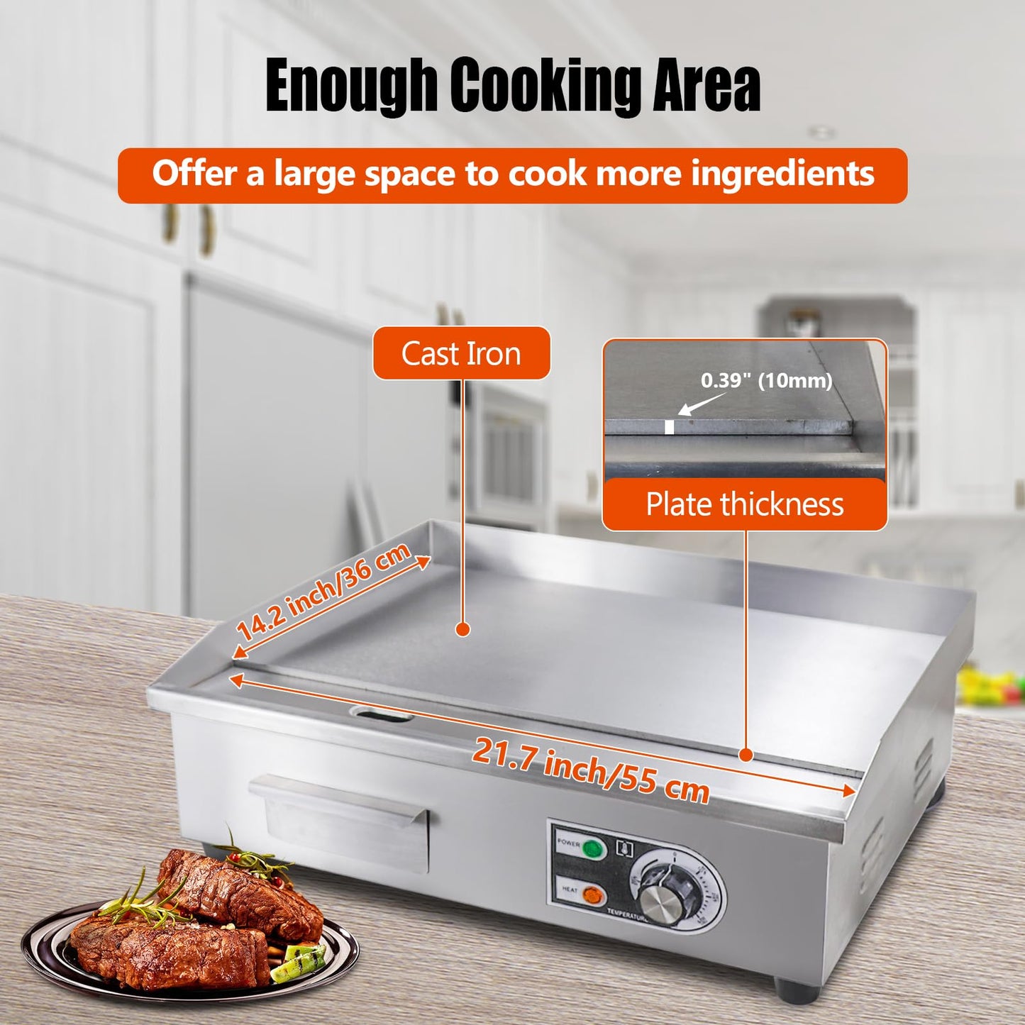 ExGizmo 22" Commercial Electric Griddle,Electric Countertop Flat Top Griddle,110V 1600W Electric Flat Top Grill,Non-Stick Restaurant Teppanyaki Stainless Steel Grill,Adjustable Temperature Control