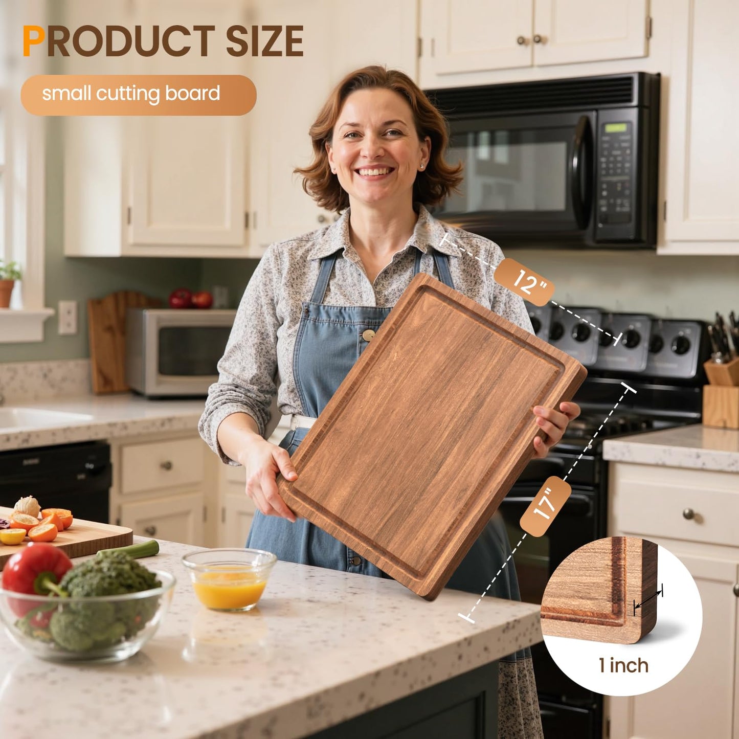 Wood Cutting Boards for Kitchen, 17x12 Inch Butcher Block with Deep Juice Grooves & Non-Slip Handle Reversible Chopping Board for Meat Cheese Vegetables