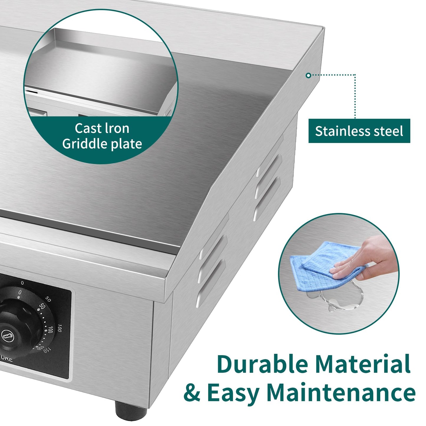 Jacgood Commercial Electric Griddle 22", Flat Top Grill, Countertop Griddle, 1600W 110V, Non-Stick Stainless Steel Teppanyaki Grill, Adjustable Temperature Control 122℉-572℉ for Restaurant Kitchen